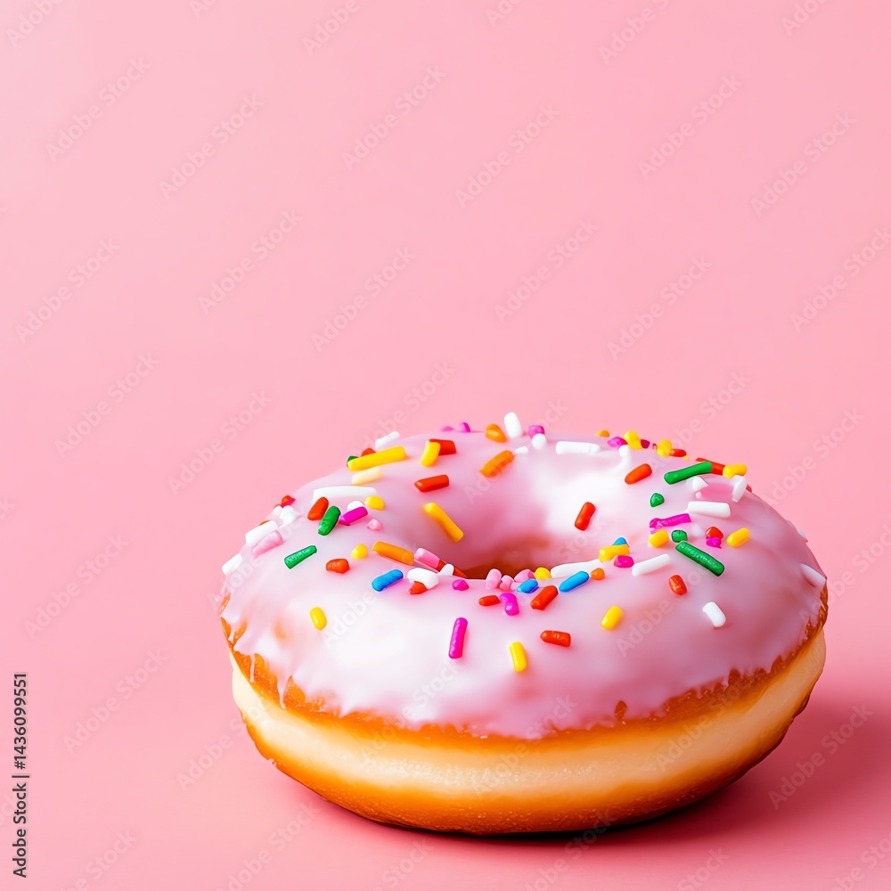 A delicious donut with pink icing and colorful sprinkles on a pink background. A delicious donut with pink icing and colorful sprinkles on a pink background.