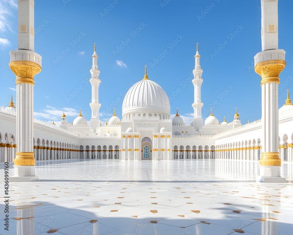 Fototapeta premium A majestic white mosque under a brilliant blue sky, featuring a large central dome, multiple minarets, and a spacious courtyard paved with intricately patterned marble