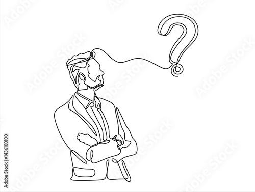 Concept of confused feelings in one continuous line drawing. Man with question mark in simple linear style. Doodle Vector illustration for banner, brochure, poster, presentation. Editable stroke.