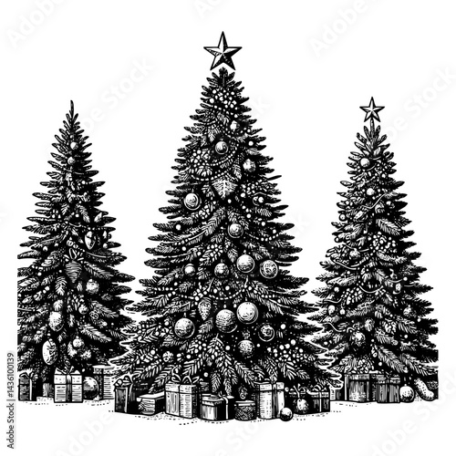 Christmas tree sketch engraving black and white outline. Scratch board imitation.