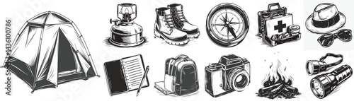 Camping hiking travel gear silhouette set with tent boots and notepad