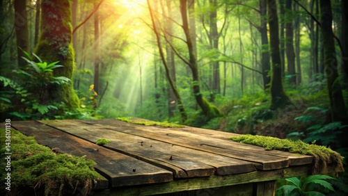 Fototapeta Naklejka Na Ścianę i Meble -  Weathered wooden table with a distressed finish, surrounded by vines and moss in a forest environment , vintage