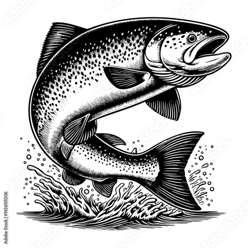 salmon jump sketch engraving black and white outline. Scratch board imitation.