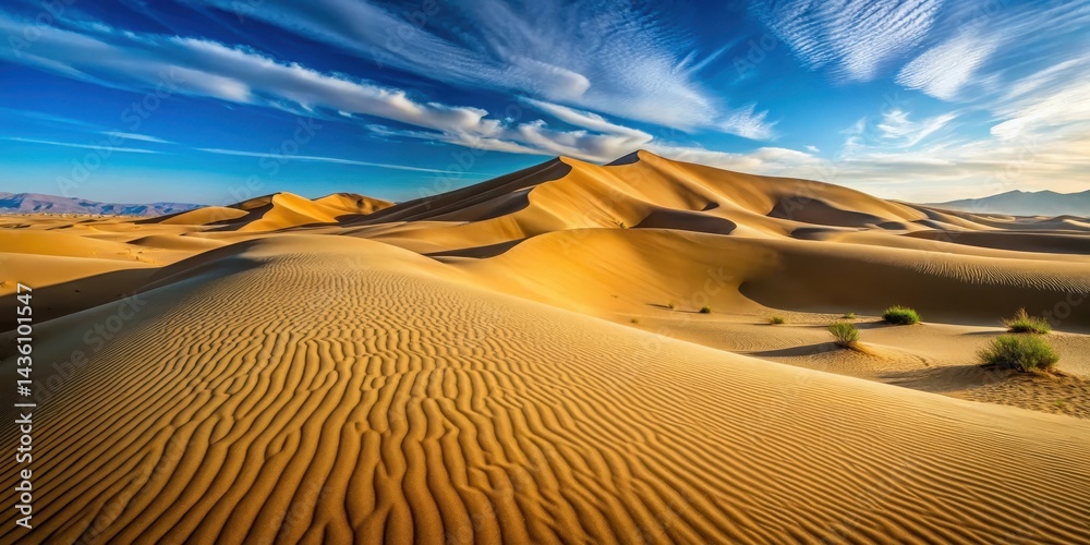 Naklejka premium Dunes in Kyzylkum Desert with golden sand and blue sky, blue sky, nature, blue sky, nature, desert landscape