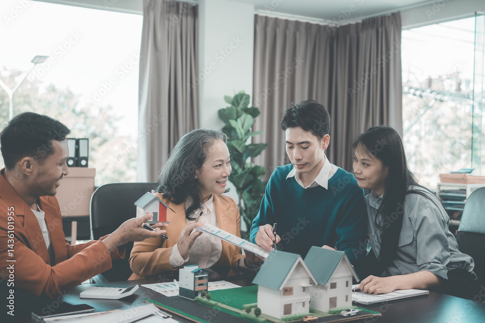 Business team signing investment agreement for residential real estate. Group of professionals in suits meeting in office with financial agreement documents on table.