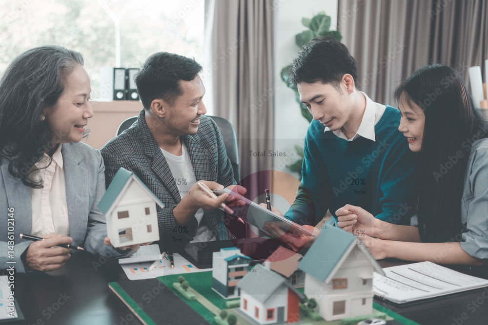 Business team signing investment agreement for residential real estate. Group of professionals in suits meeting in office with financial agreement documents on table.