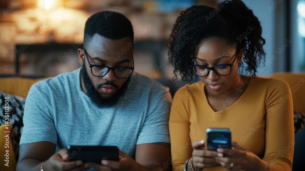 Fototapeta premium Close up view of man and woman using smartphones discussing mobile apps concept, couple talking holding cellphones synchronizing information online with laptop, checking news or texting messages
