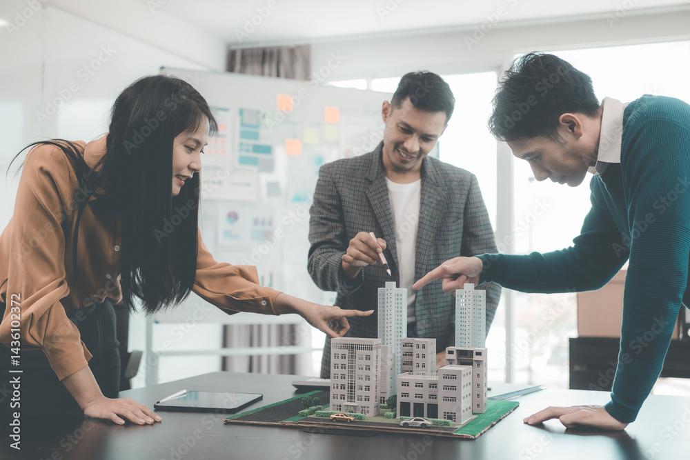 Business team signing investment agreement for residential real estate. Group of professionals in suits meeting in office with financial agreement documents on table.