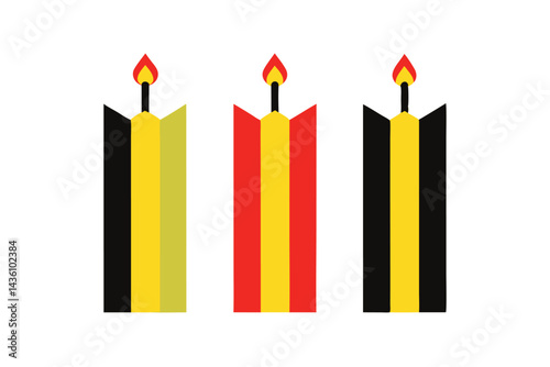 Three colorful candles with burning flames and vertical stripes on white background