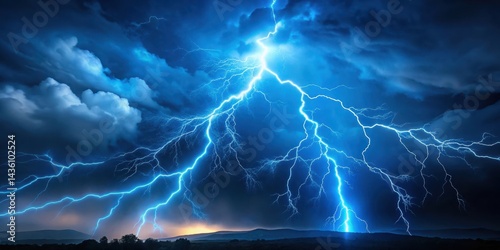 Aurora borealis like blue glowing plasma lightning in sky at night photo
