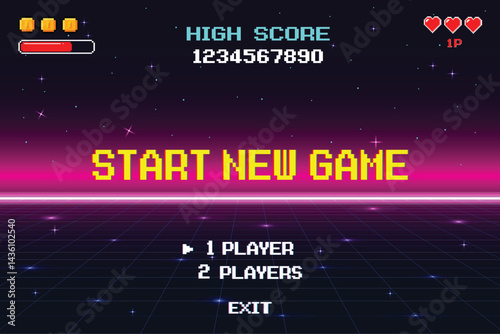 Start new game by selecting a player or exiting the game's main menu. Modern trendy game background with lighting effect. pixel art 8-bit.