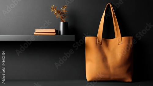 Stylish leather tote bag with minimalist decor on dark background