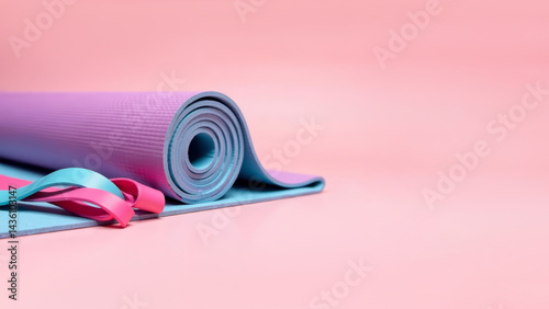 yoga mat rolled up next to a set of resistance bands, set against a soft pastel background. Copy space, banner