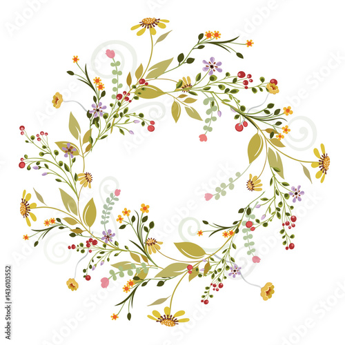 Hand-drawn floral wreath with wildflowers and berries in a botanical style. Circular frame for cards, invitations and seasonal decor
