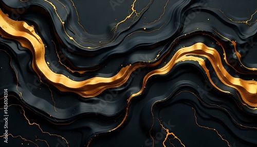 Liquid black marble with gold textures. Luxury pattern, golden, fluid illustration. Abstract melted, golden, texture. 