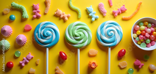 A group of colorful lollipops on a yellow background.