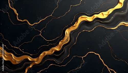 Liquid black marble with gold textures. Luxury pattern, golden, fluid illustration. Abstract melted, golden, texture. 