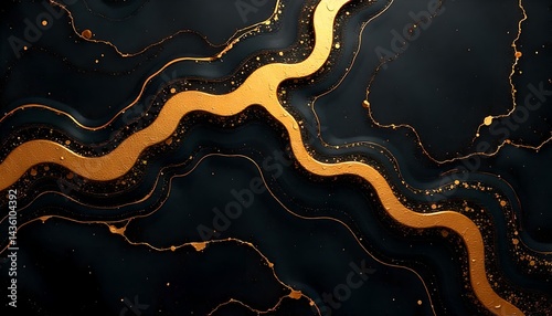 Liquid black marble with gold textures. Luxury pattern, golden, fluid illustration. Abstract melted, golden, texture. 