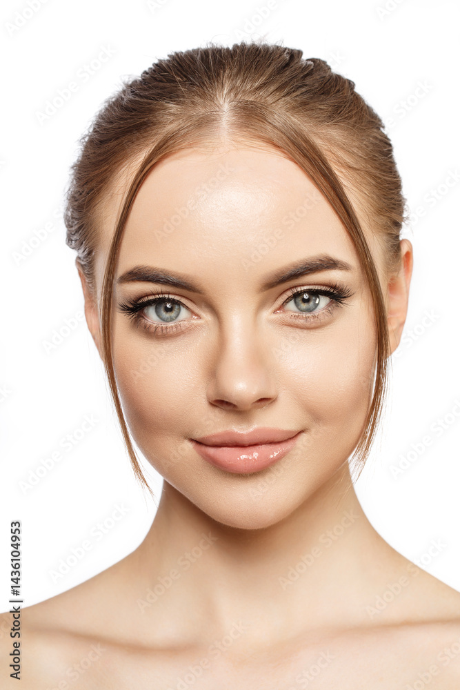 Fototapeta premium Beauty young woman face with clean glowing fresh Close-up Skin. Beautiful elegance Girl facial treatment. Lady with perfect smooth skin. Concept of natural beauty, skin care, plastic surgery, spa, cos