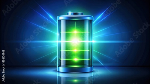 High-capacity battery with glowing green energy levels, illuminated by vibrant blue rays