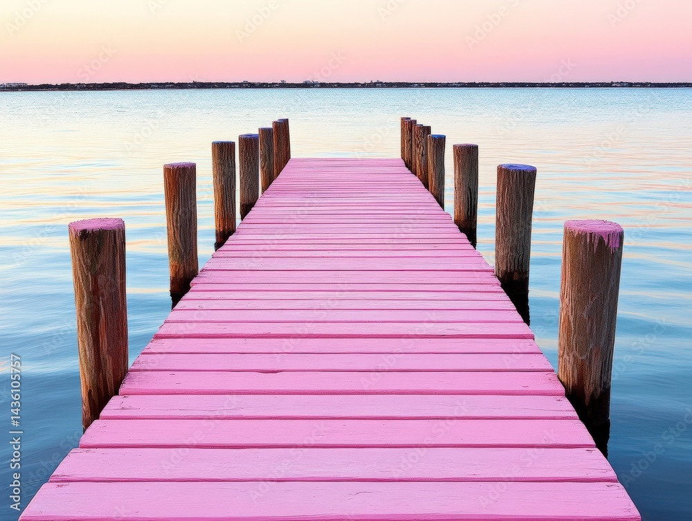 Fototapeta premium Pink wooden dock stretching over calm sea during pastel colored sunset with minimalist lines in high resolution ocean stock photo wallpaper