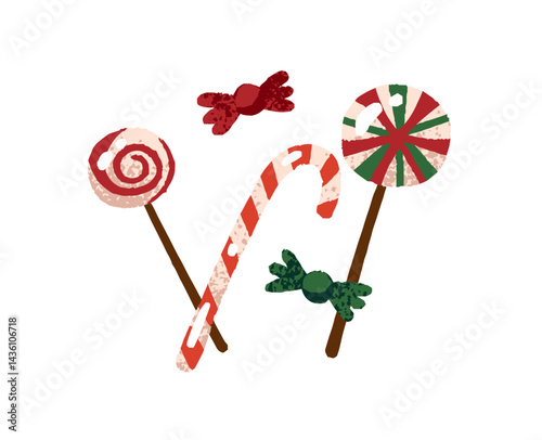 Christmas candy cane, lollypops. Delicious Xmas peppermint caramel, lollipops, hard sugar dessert. Confections for winter holidays, New Year. Flat isolated vector illustration on white background
