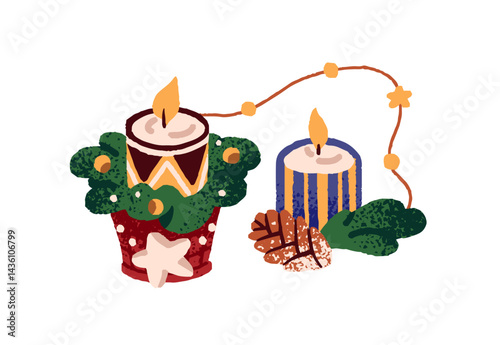 Burning aroma candles with fire for Xmas interior decoration. Scented candlelights with flame, pine cone, garland, cozy decor for Christmas. Flat isolated vector illustration on white background