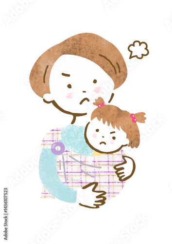 スリングで赤ちゃんを抱っこする怒った顔の母親の手描きイラスト
