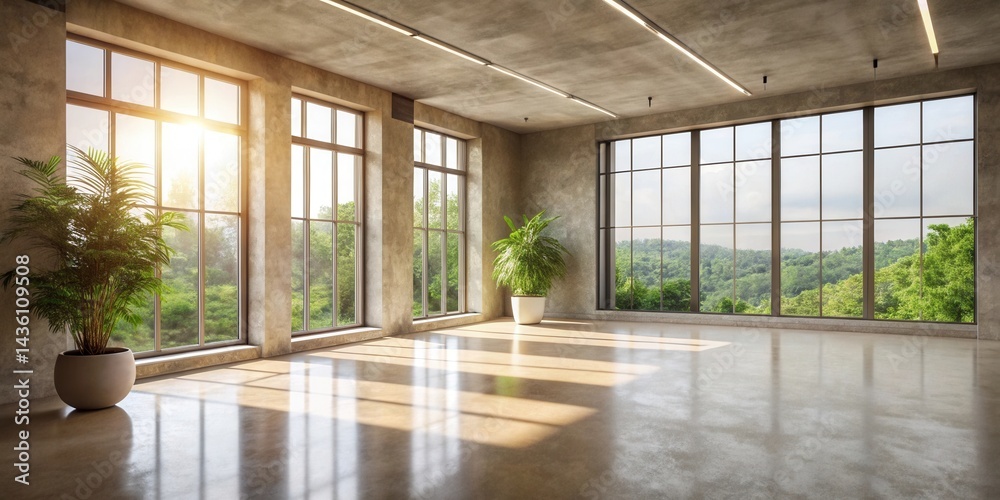 Fototapeta premium Sunlit Modern Room with Expansive Windows and Lush Greenery Views