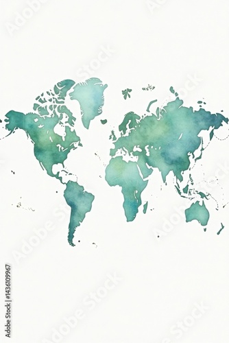 A serene watercolor world map showcasing continents and oceans in calming teal hues, ideal for travel, geography, or global themes. photo