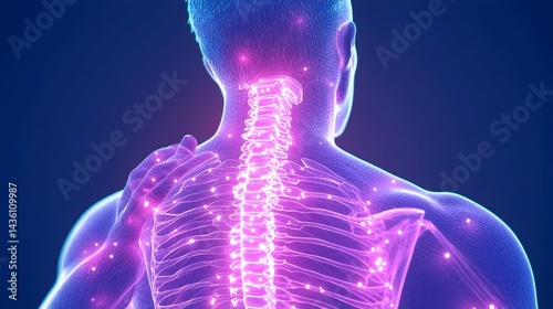 3D rendering of male upper body, highlighting spine and shoulder pain with glowing nerve points