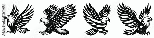 Bald eagle with American flag print on wings shaped like a subtle flag. 4th of july Independence Day patriotic Clipart. .