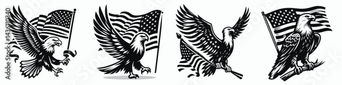 Bald eagle with American flag print on wings waving a striped pennant flag. 4th of july Independence Day patriotic Clipart. .