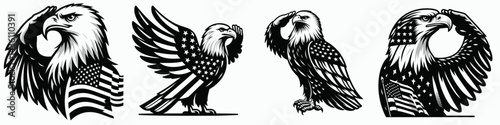 Bald eagle with American flag print on wings saluting a tiny flag. 4th of july Independence Day patriotic Clipart. .