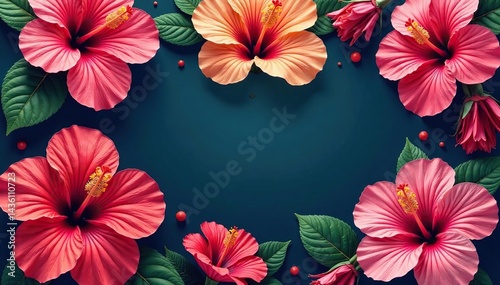 Intricate hibiscus blooms, vibrant hues, repeating floral motif, background, motif, texture