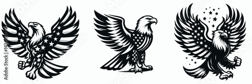 Bald eagle with American flag print on wings flexing a strong wing. 4th of july Independence Day patriotic Clipart. Majestic avian predator displaying wing art showcasing powerful feather.