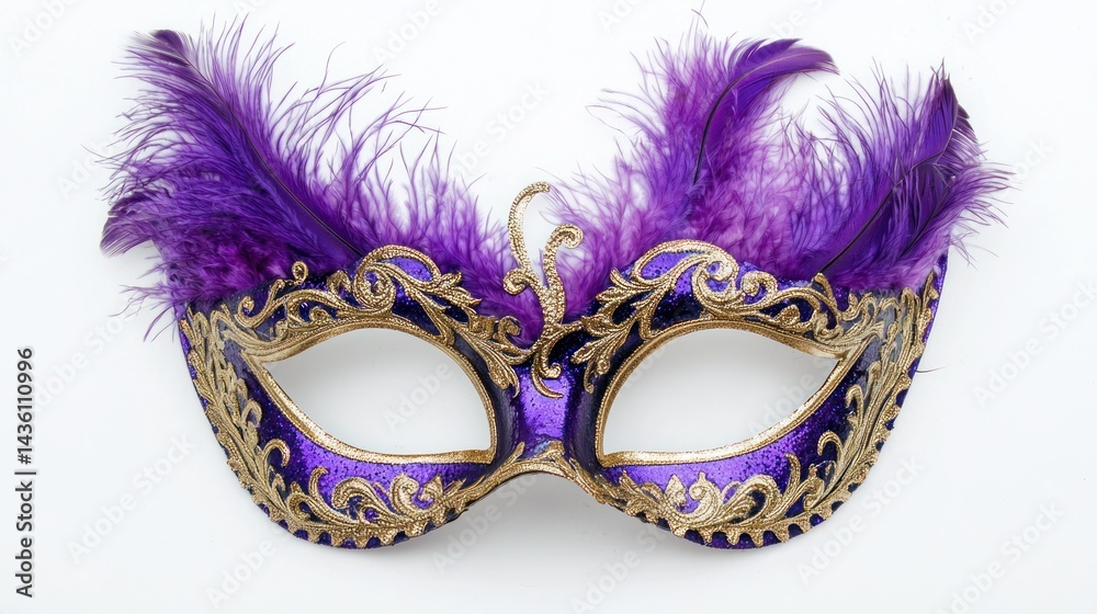 Exquisite Venetian mask with royal purple feathers and delicate gold trim, against a white backdrop. Exquisite Venetian mask with royal purple feathers and delicate gold trim, against a white backdrop.