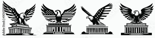 Bald eagle with American flag print on wings atop a simple Lincoln Memorial outline. 4th of july Independence Day patriotic Clipart. Patriot avian design over iconic form united states.