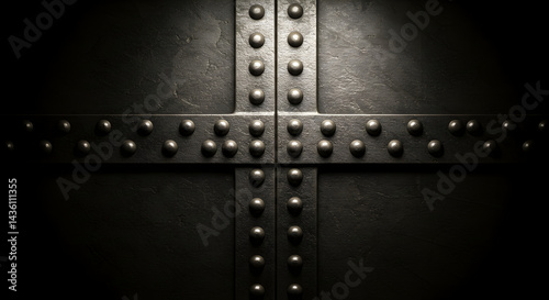 Dark Textured Metal Panel Secured With Rivets in Cruciform Design