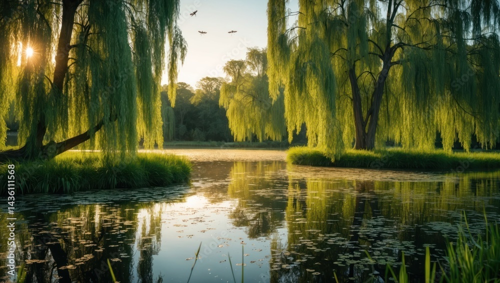 Obraz premium Willow Trees Reflecting in Calm Lake at Sunrise Serene Nature Scene