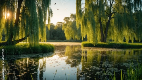 Willow Trees Reflecting in Calm Lake at Sunrise Serene Nature Scene