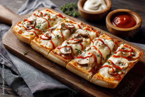 Polish zapiekanka baguette pizza, loaded with sautéed mushrooms, melted cheese, and ketchup, sliced and served on a wooden board for a classic street food look.

