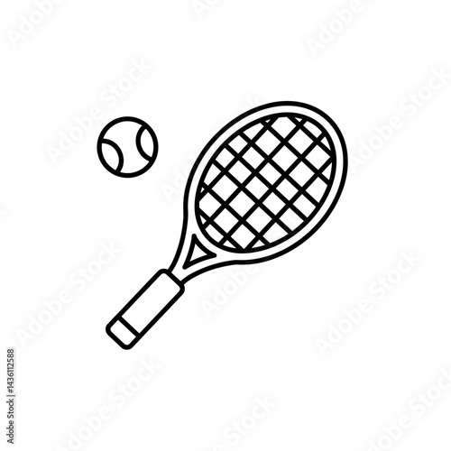 Tennis racket and ball outline icon silhouette in black