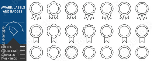 Award badges and certification labels set. editable stroke outline icons isolated on white background. vector illustration collection