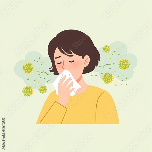 Pollen Allergy Sneezing Flat Design Pastel Colors Minimal Illustration