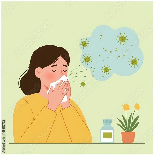 Pollen Allergy Sneezing Flat Design Pastel Colors Minimal Illustration