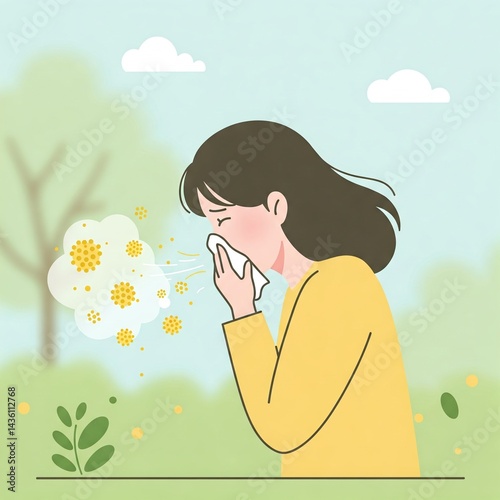 Pollen Allergy Sneezing Flat Design Pastel Colors Minimal Illustration