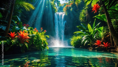 Waterfall Flowing Into Pool Surrounded by Lush Tropical Greenery