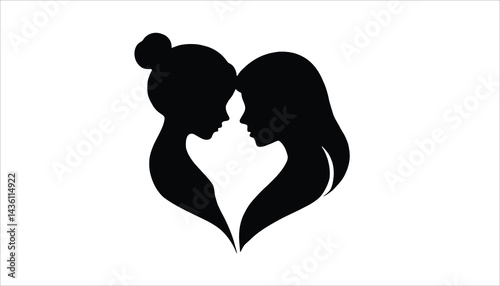 Mother And Child Love Silhouette Inside Heart With Leaves Vector Design