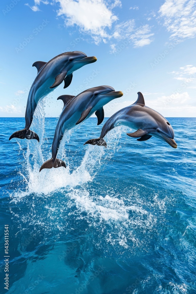 Fototapeta premium Playful Dolphins Jumping Over Crisp Ocean Waves Under Clear Sky